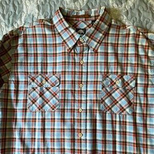 Timberland Men’s Plaid Button Down Long Sleeve Shirt W/ Pockets. Rust/Blue. 2XL